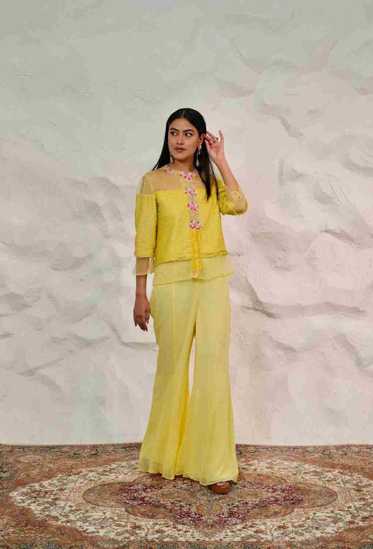 Yellow 2 Pc Indowestern With Sequence Jacket