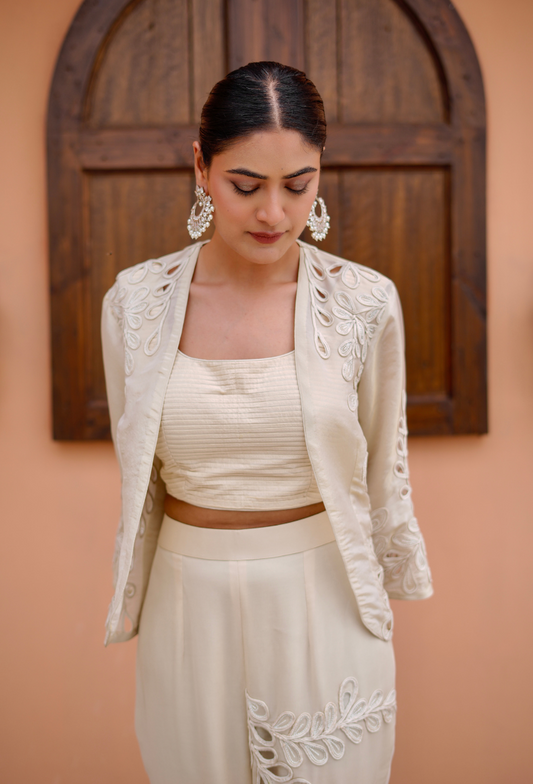 Off White Cutwork Jacket 3 Pc Indowestern