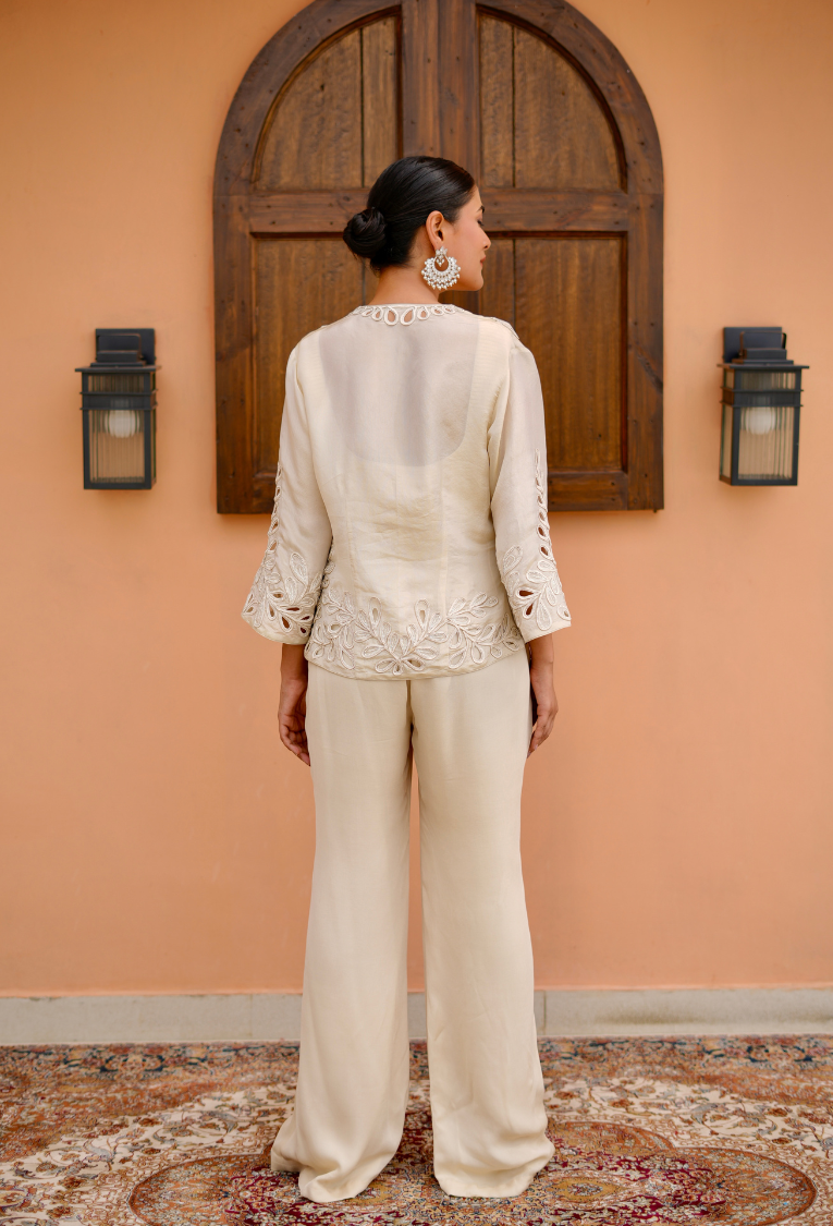 Off White Cutwork Jacket 3 Pc Indowestern