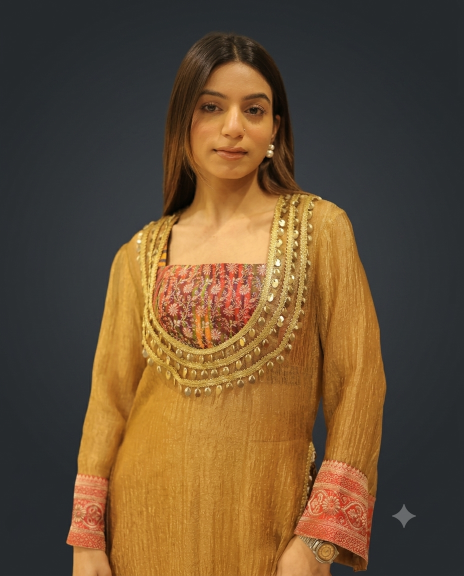 Designer Golden Tissue Indo-Western Set with Coin Lace Work