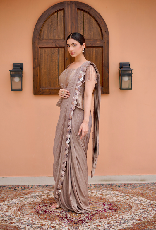 Mouse Drape Saree With peplum blouse and stripe saree