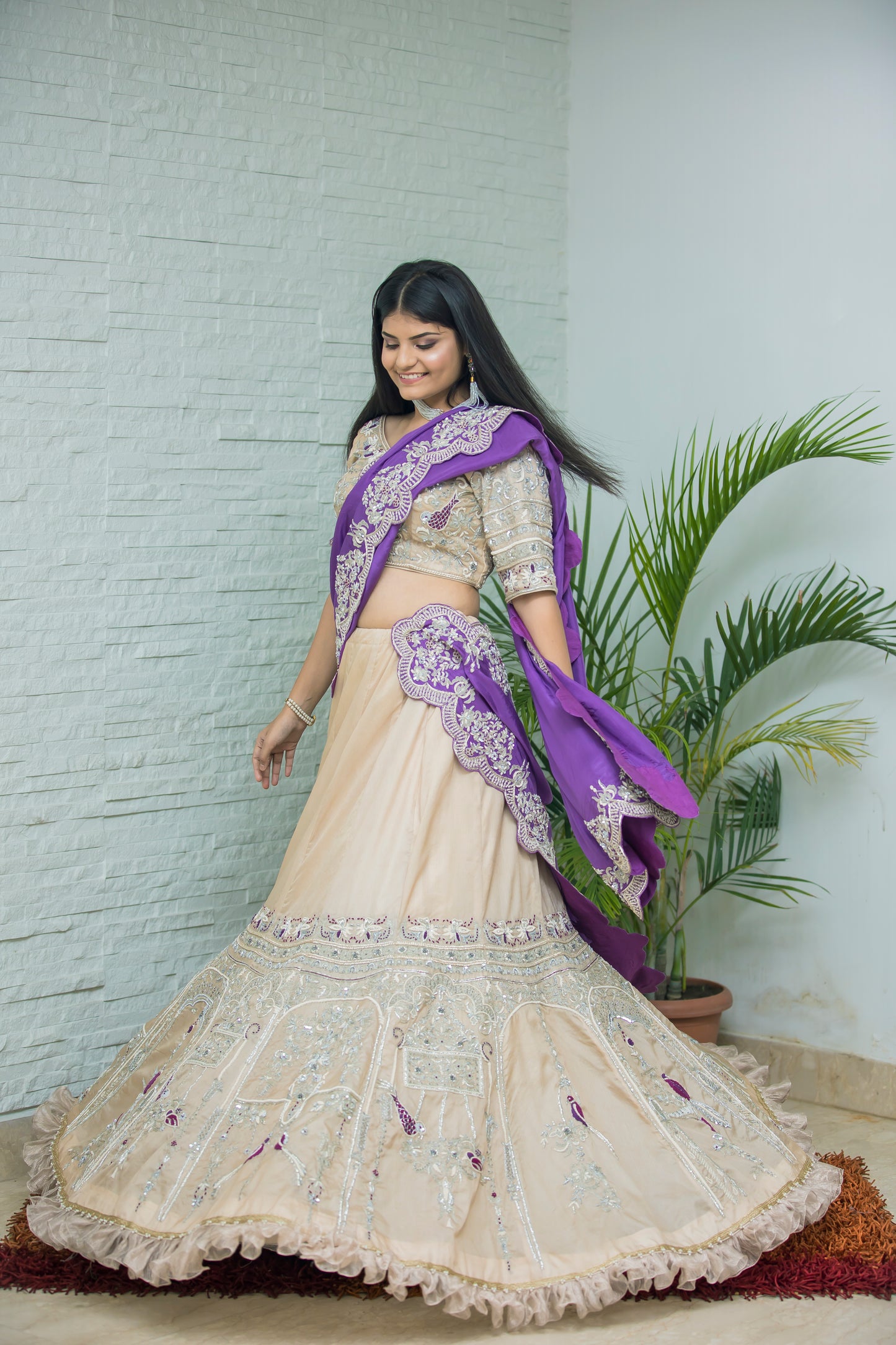 Beige Lehenga with Heavy Embroidered Blouse and Purple Dupatta