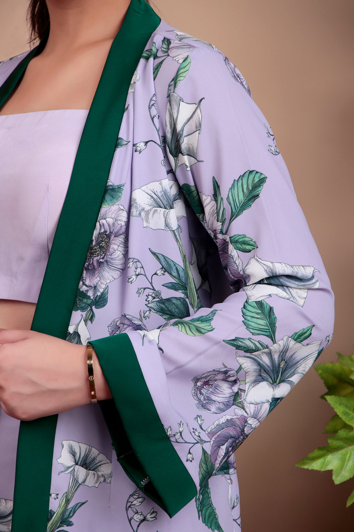 Lilac Indo-Western Floral Blazer Set with Dark Green Trim and Tailored Pants