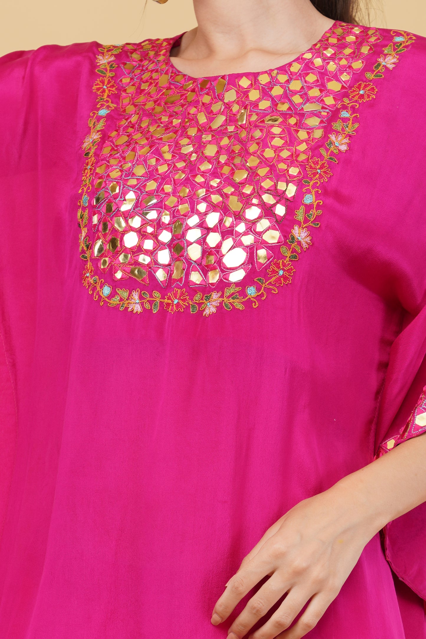 Magenta Kaftan Set with Heavy Mirror And Thread Work Neckline