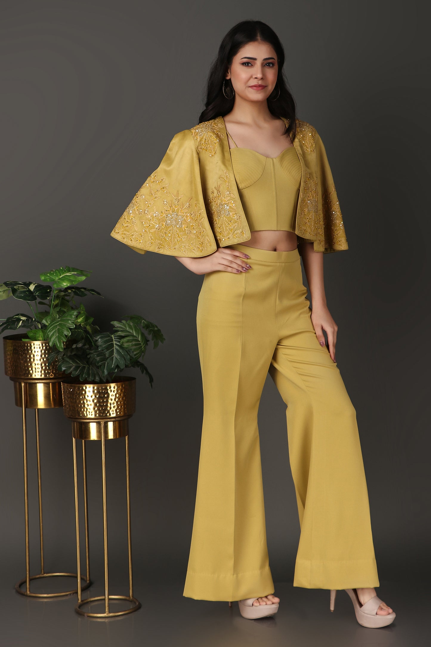 Yellowish Green Embellished Jacket Co-Ord Set with Plazzo and Bust Wear