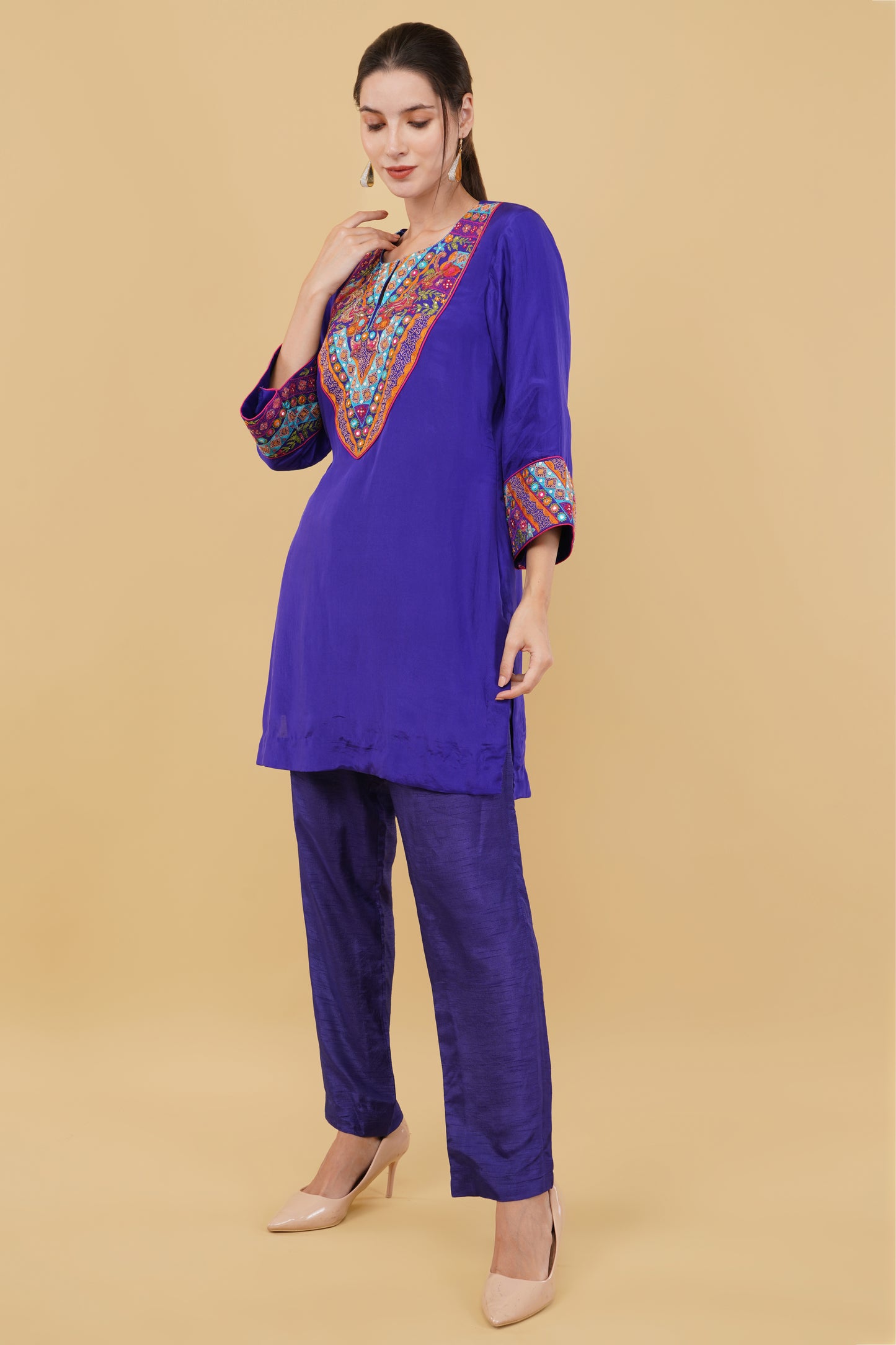 Blue Silk Straight Suit with Colorful Thread Sequin And Mirror Embellishment
