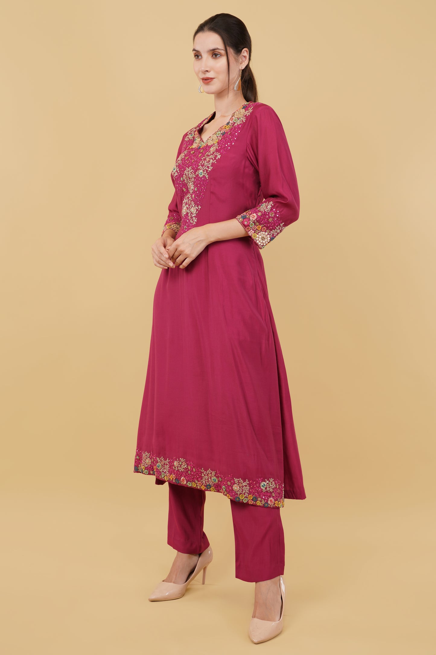 Mauve Pink A-Line Kurti Set with Zardosi And Dori Hand Embellishment