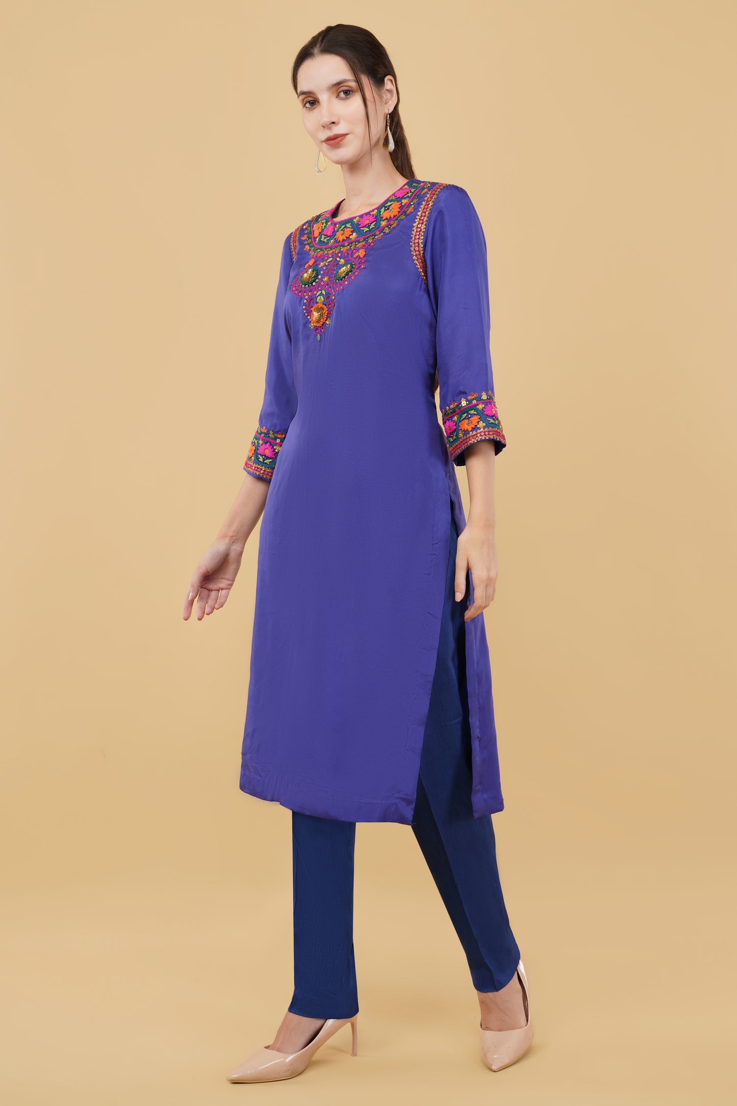 Elegant Blue Silk Embroidered Kurta with Matching Silk Trouser