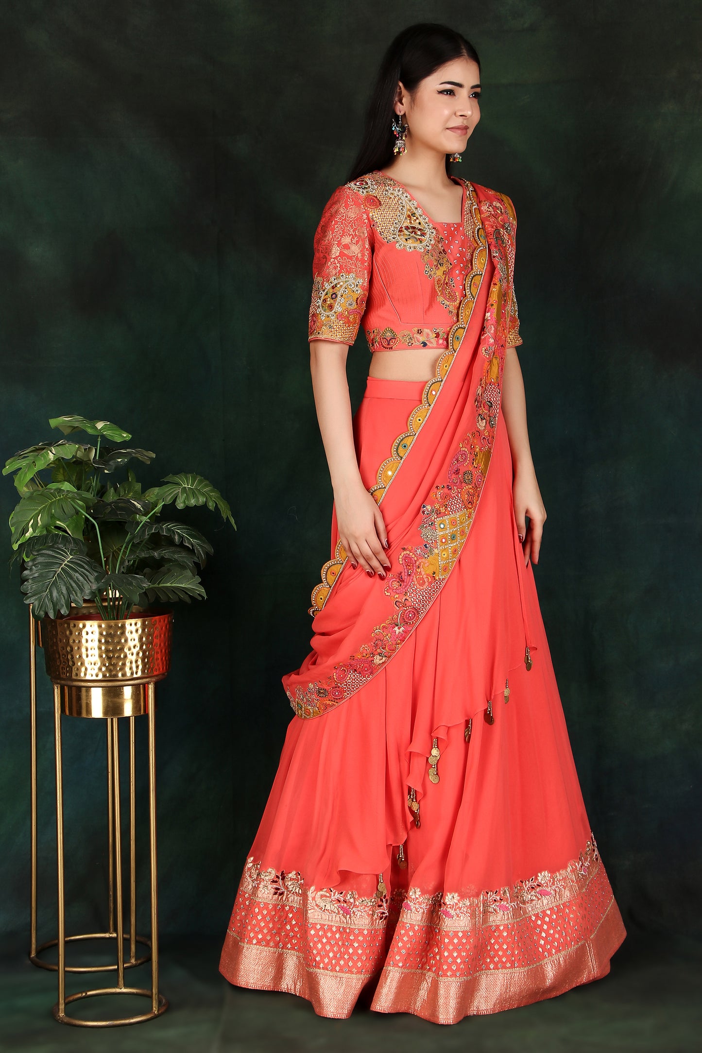 Carrot Lehenga Saree with Attached Drape Pallu and Layered Skirt