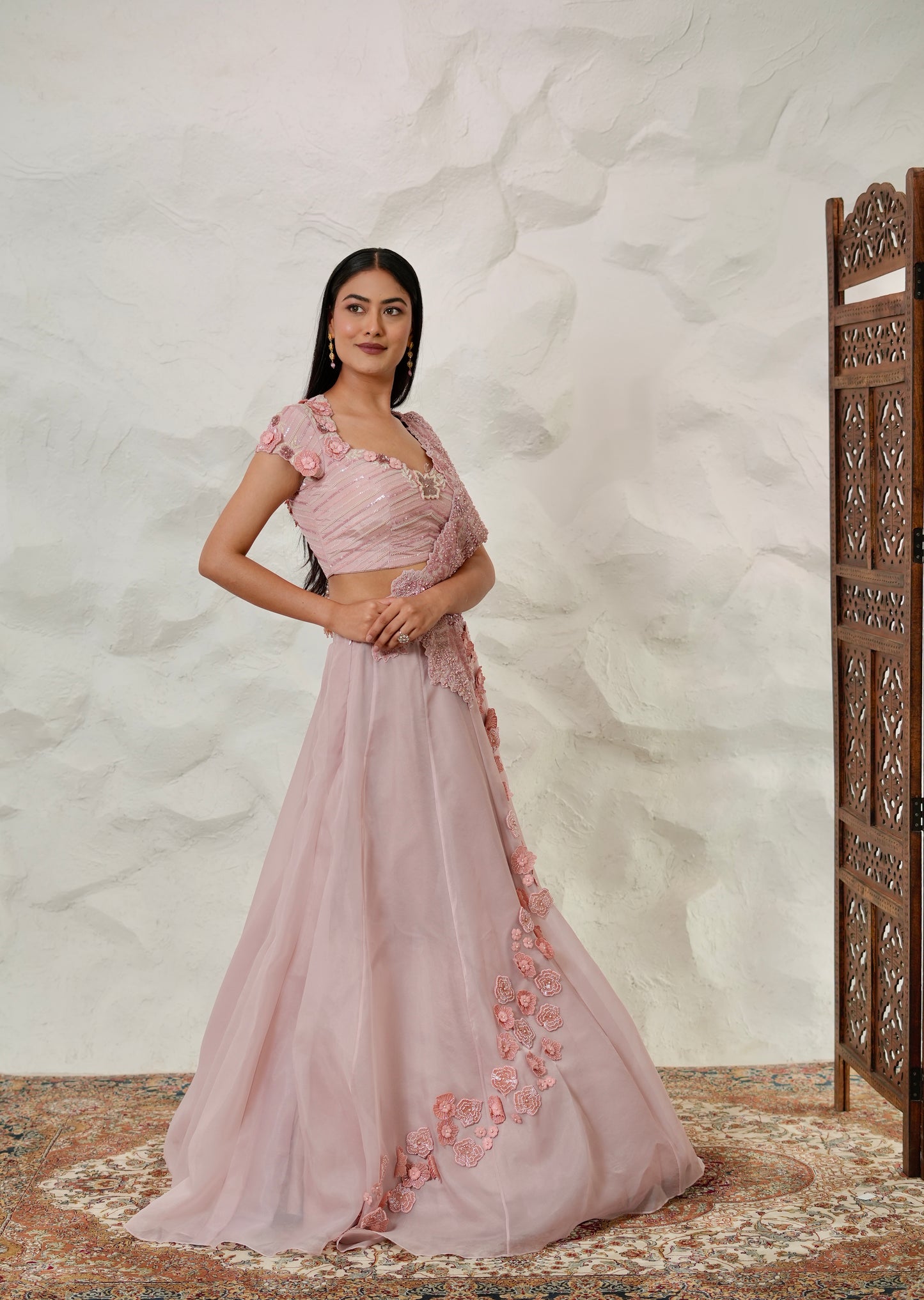 Designer Onion Pink Lehenga Set in Organza with Crepe Blouse and Embellished Frill Pallu