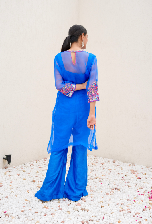 Royal Blue 3 Pc Set With Organza Kurta