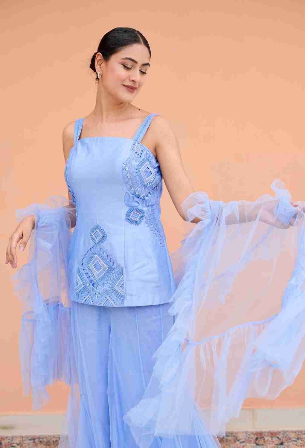Indigo Blue 3 Pc Set with heavy work kurta & net flare plazo