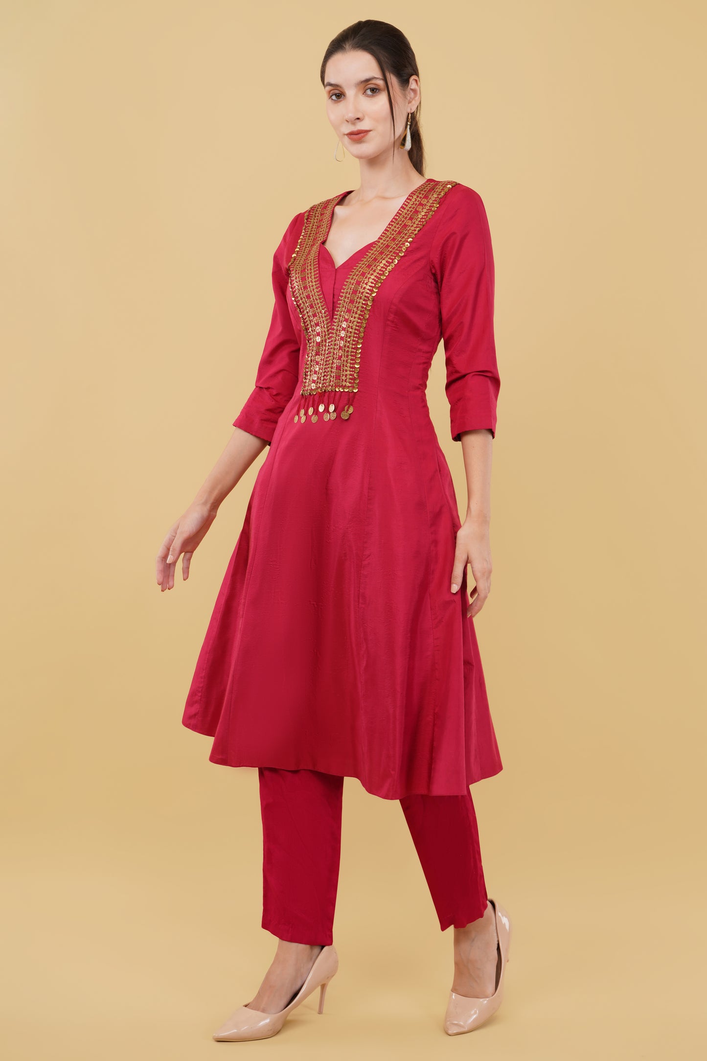 Red Silk A-Line Kurta Set with Heavy Metal Handworked Neckline
