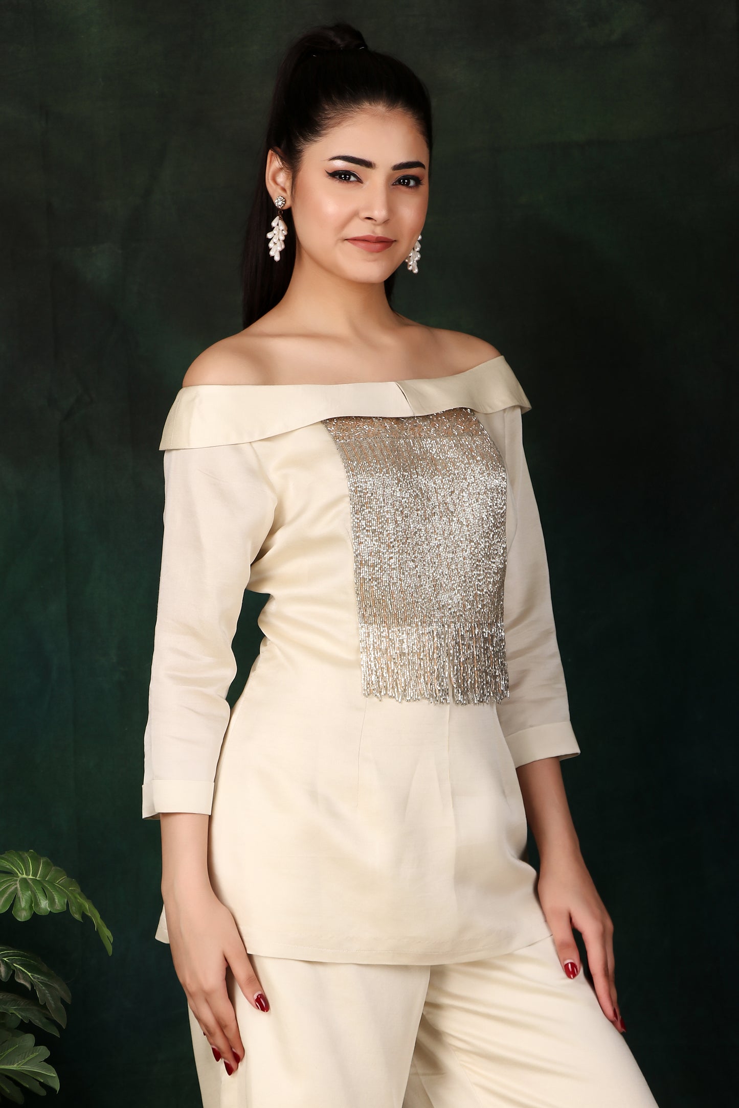 Festive Cream Off-Shoulder Palazzo Set with Silver and Gold Cutdana Detailing