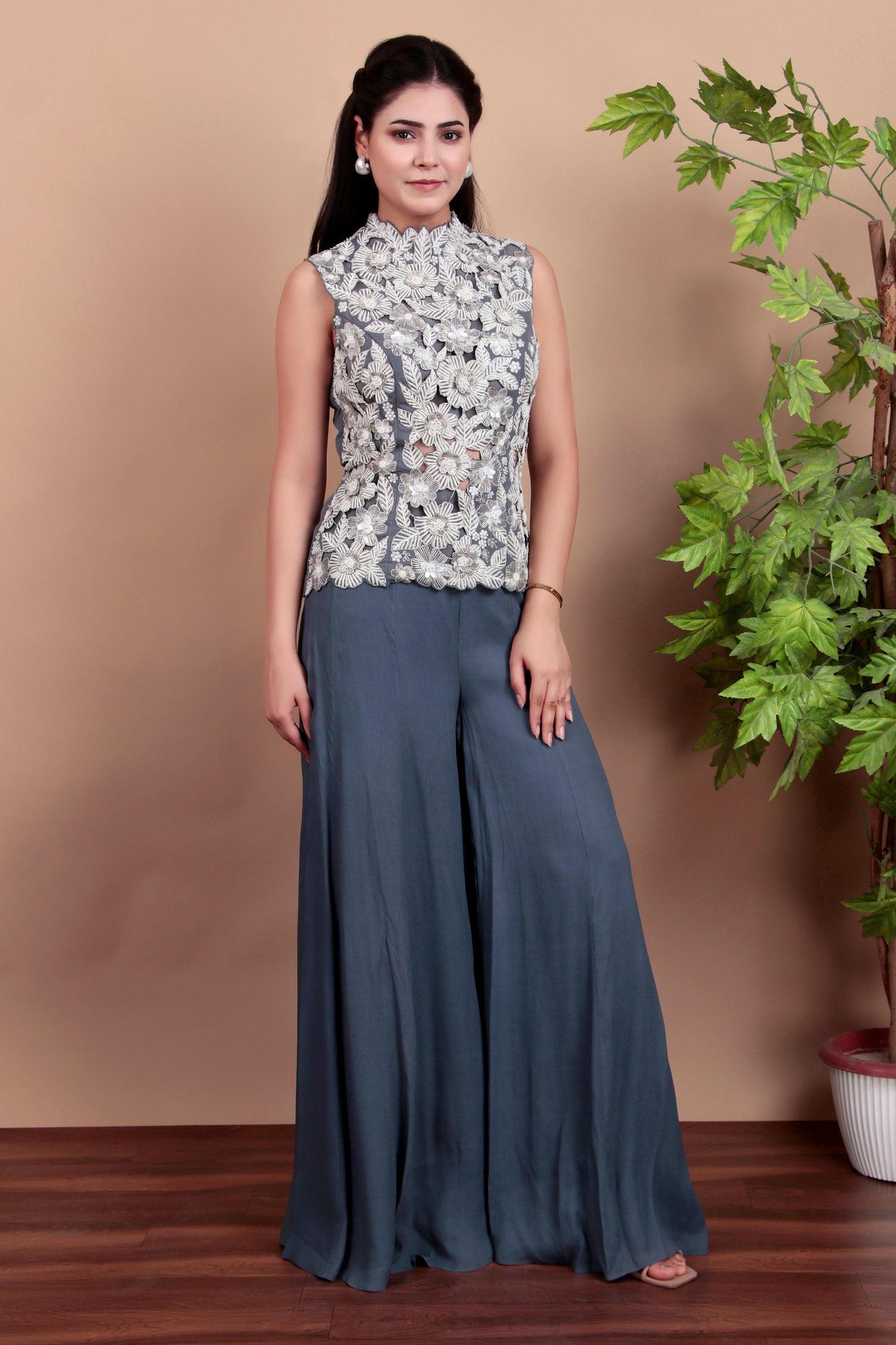 Modern Grey Indo-Western Palazzo Set with Hand-Embroidered Floral Top