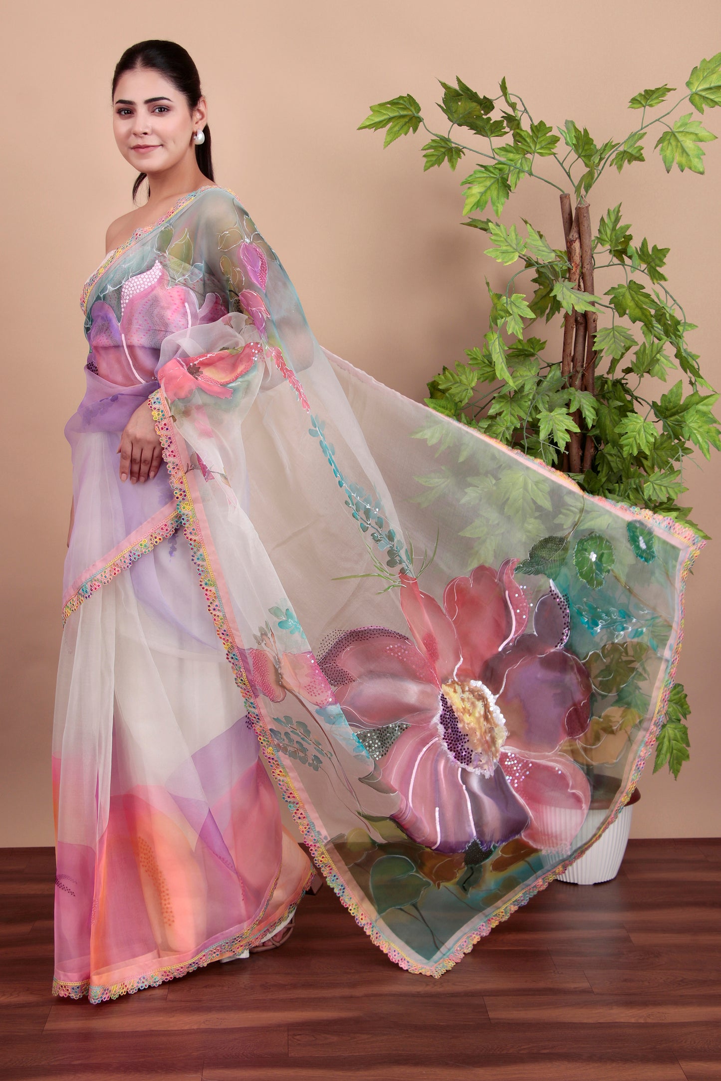 Pastel Organza Saree with Hand-Printed Floral Design And Lace Borders