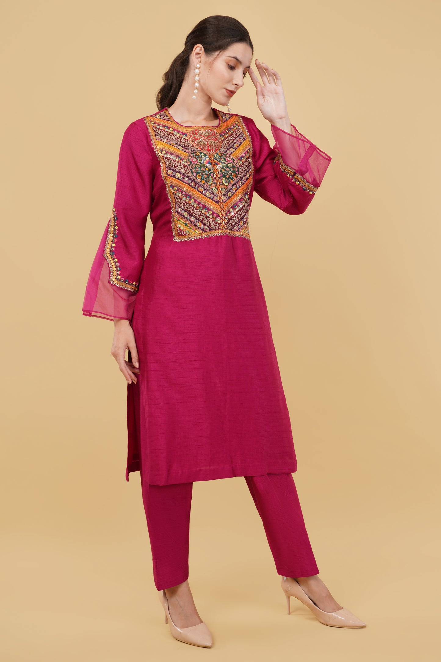 Festive Wine Straight Kurti Ensemble with Salwar and Hand-Embroidered Dori Accents
