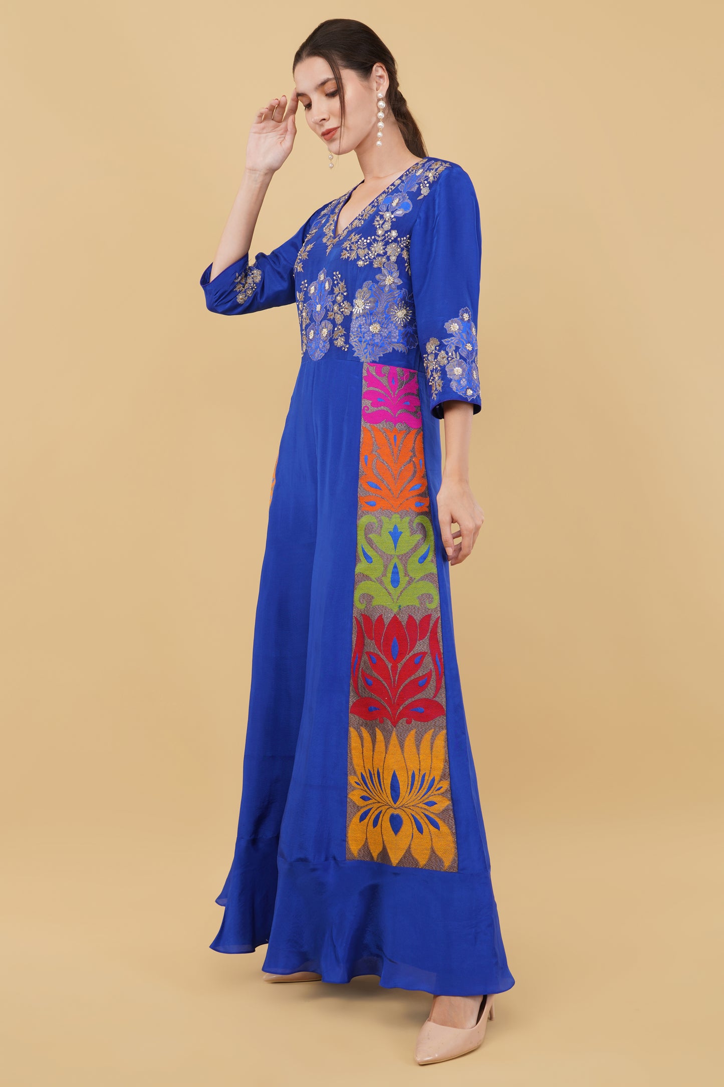 Royal Blue Jumpsuit with Handworked Yoke Featuring Sequin Dabka Zari And Moti