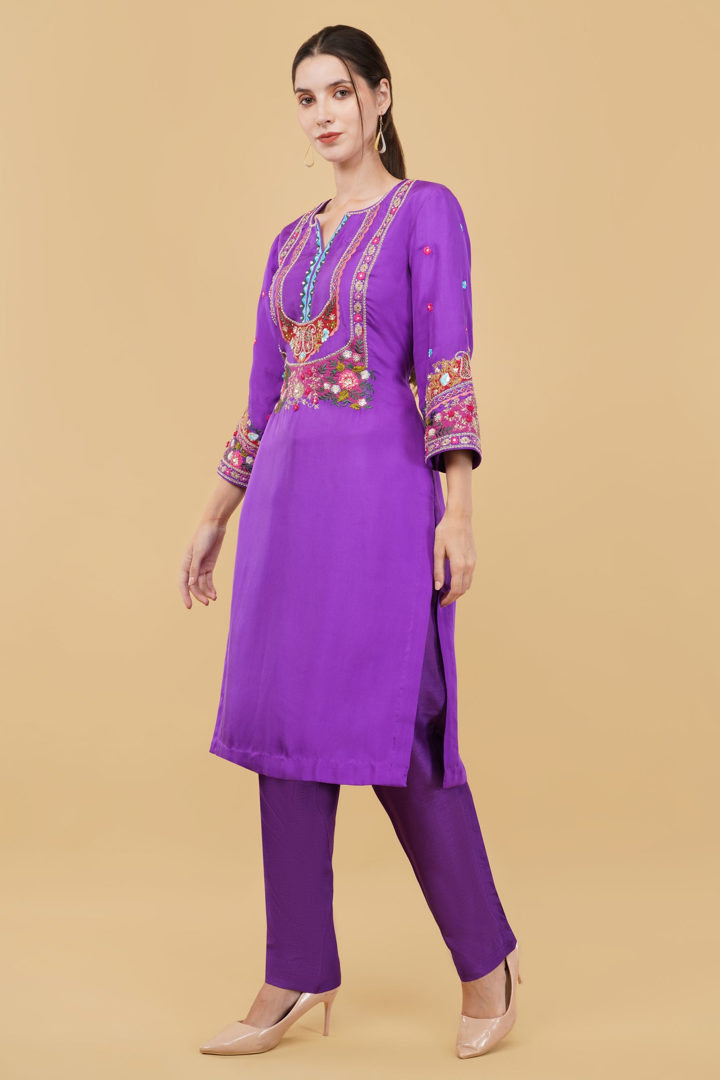 Elegant Purple Silk Straight Kurta with Heavy Dabka, Thread Sequin And Dori Embroidery