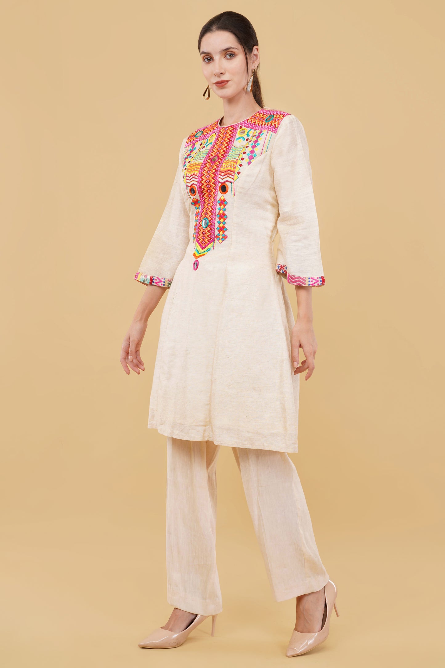 Designer Crème Khadi A-Line Kurta Set Featuring Mirror and Pearl Handwork