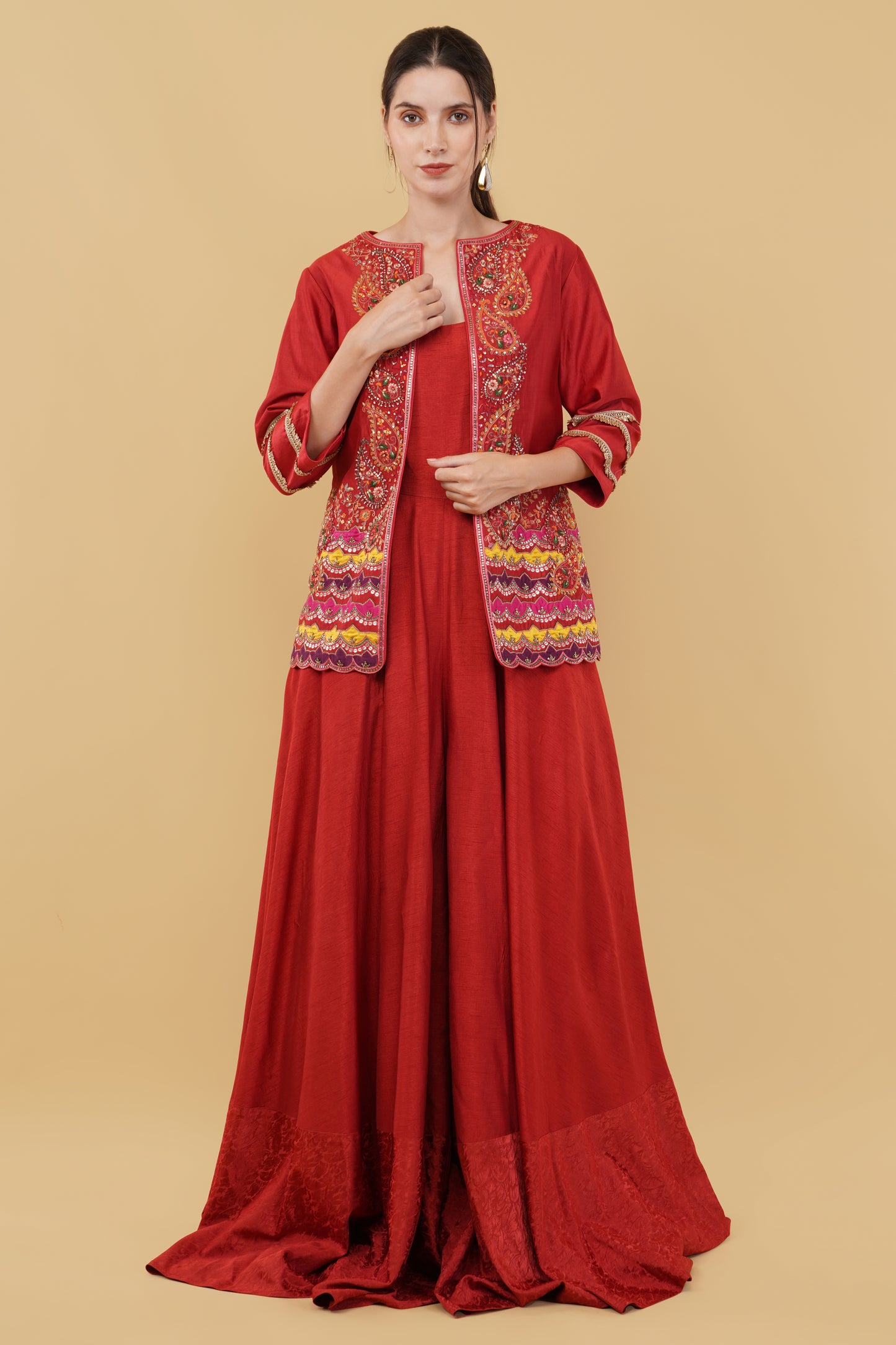 Elegant Red Jumpsuit Outfit with Intricate Thread and Pearl Embroidered Jacket