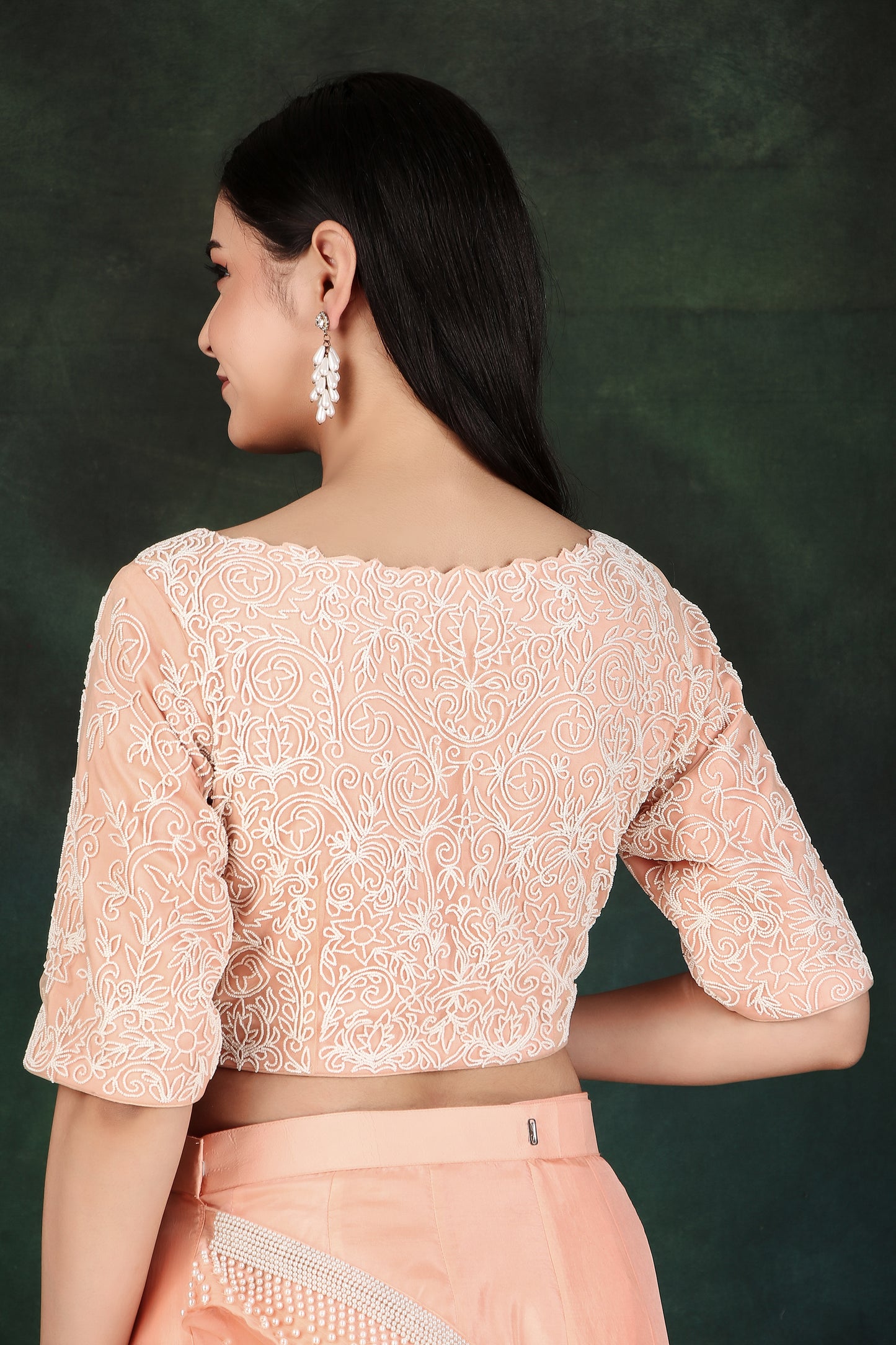 Peach Organza Pallu Lehenga Saree in Silk with Intricate Pearl Handcrafted Blouse