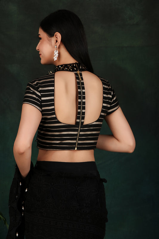 Black Box Pleat Saree With Fancy Cutdana Sequin And Metal Work Stripe Blouse