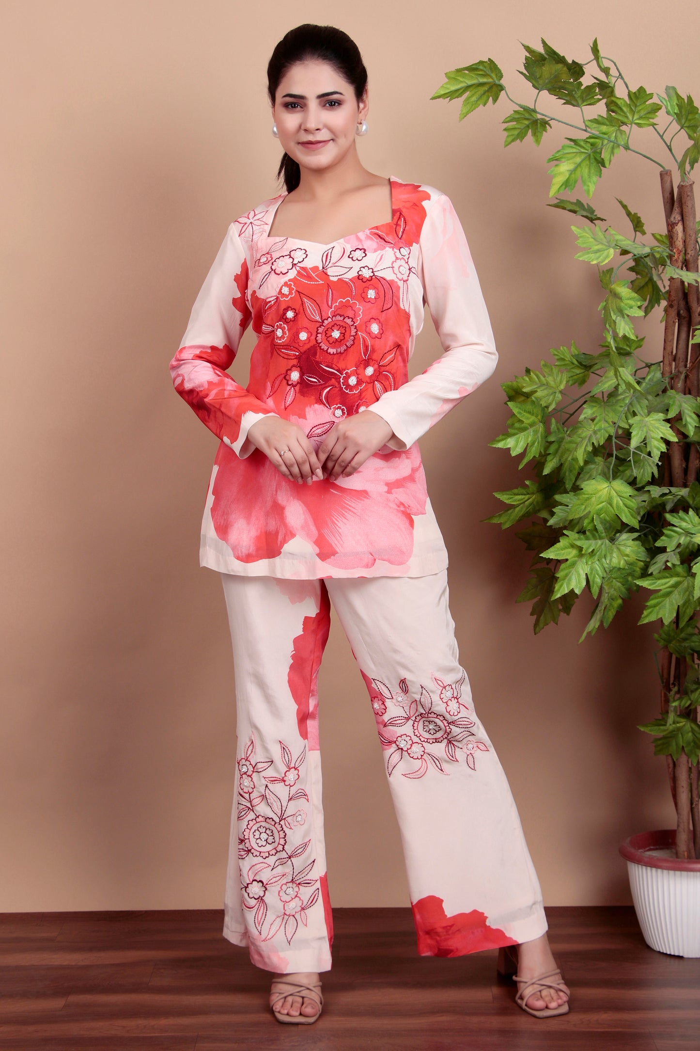 Pink Floral Co-ord Set With Thread And Pearl Embroidery