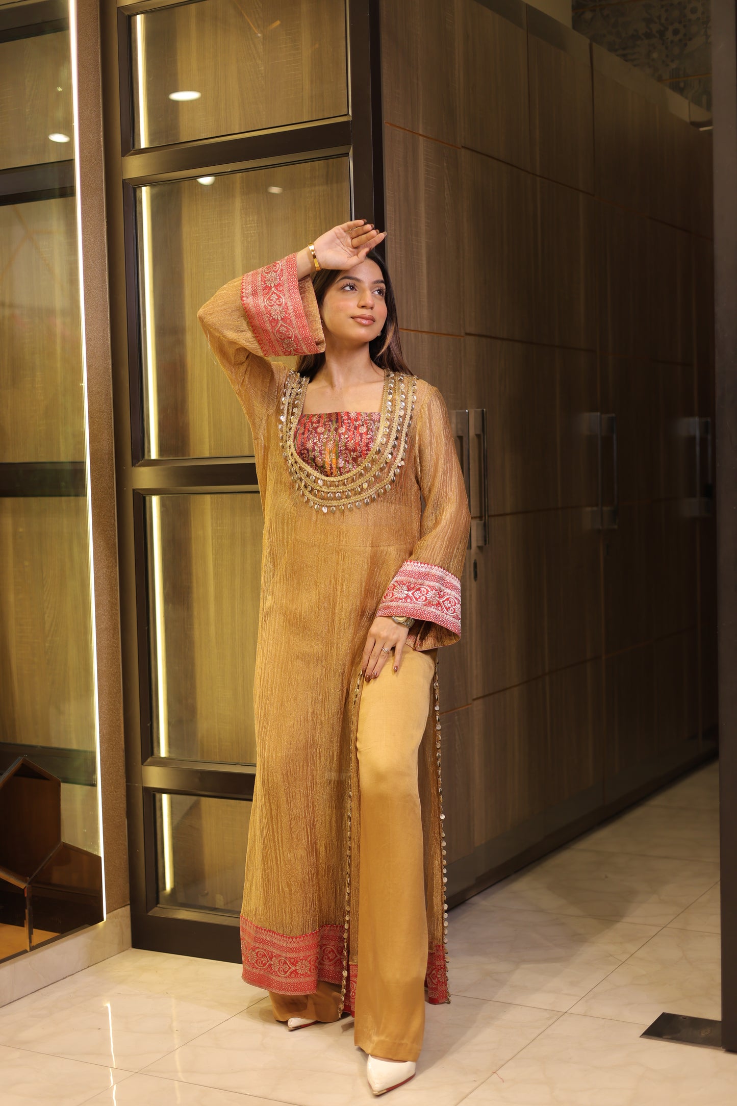 Designer Golden Tissue Indo-Western Set with Coin Lace Work