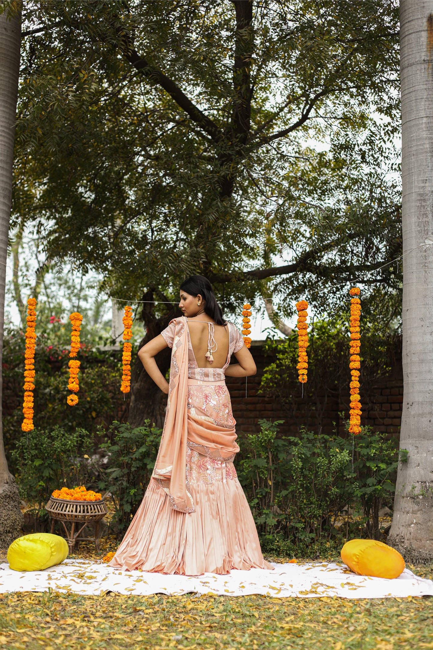 Peach Satin Silk Lehenga Saree With Sequins And Cutdana Embellishments