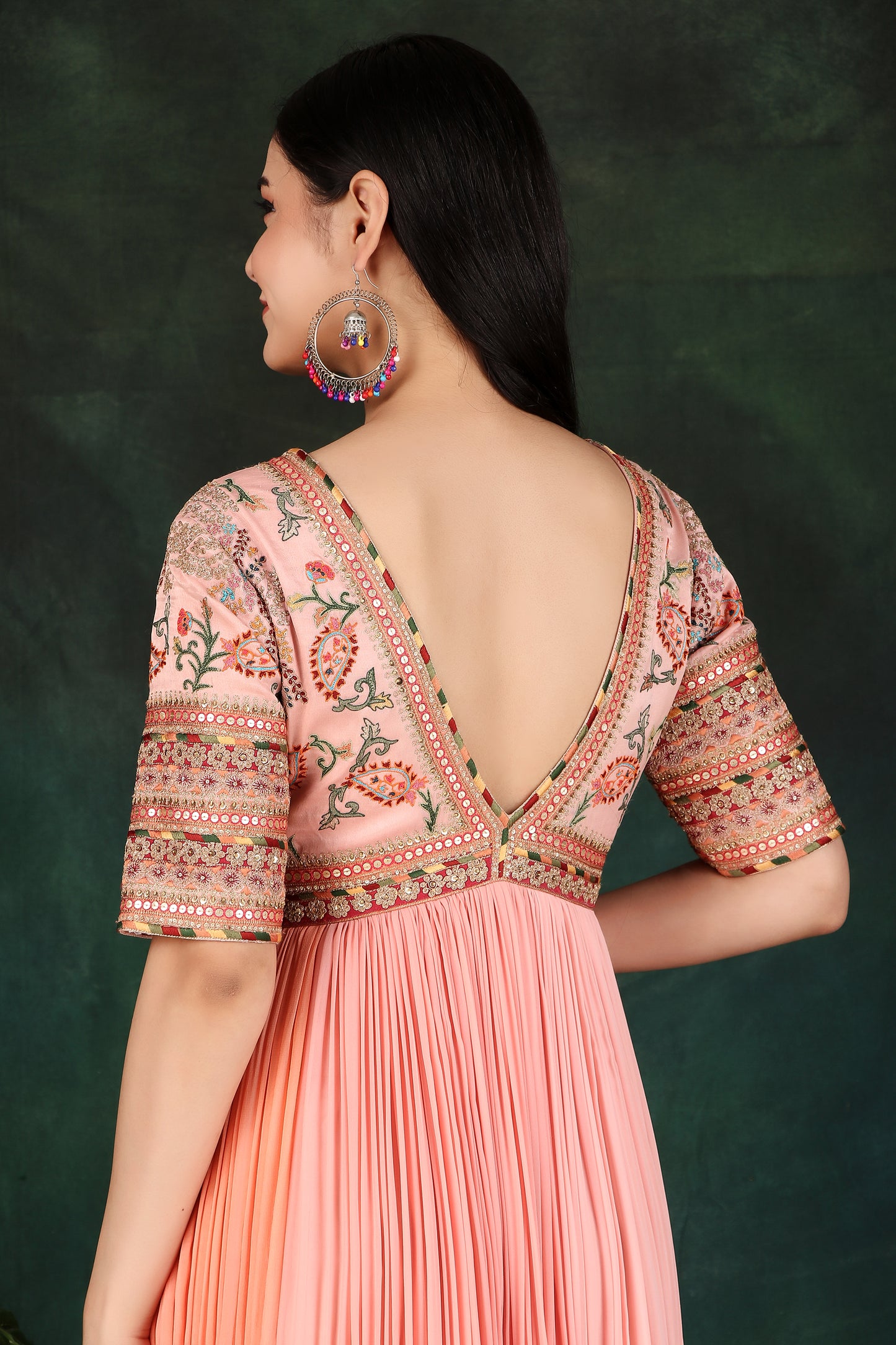 Elegant Peach Georgette Gathered Anarkali with Thread Work and Lace Detailing
