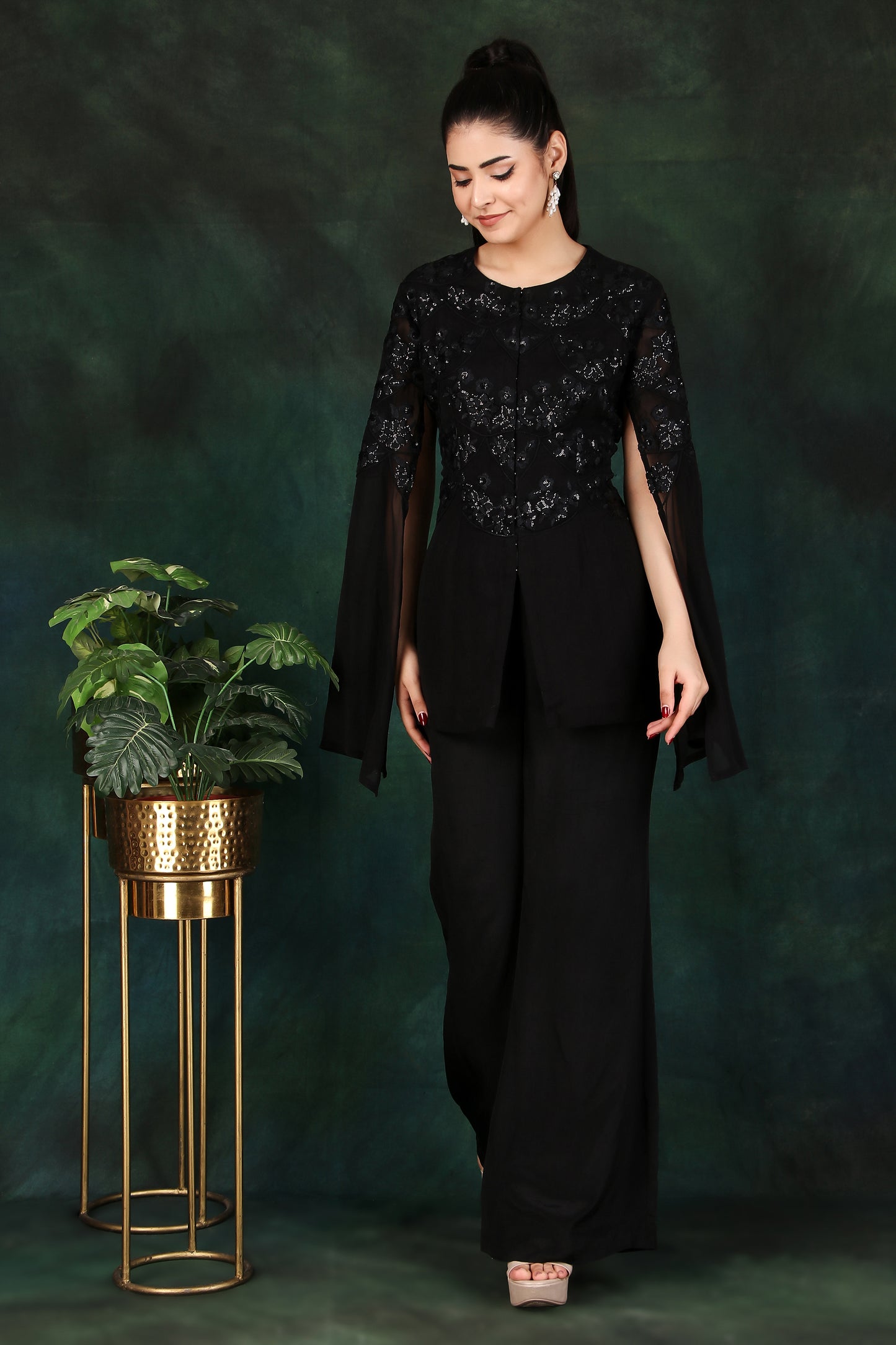 Black Sequin Corset Set with Slit Sleeves for Party And Cocktail Wear