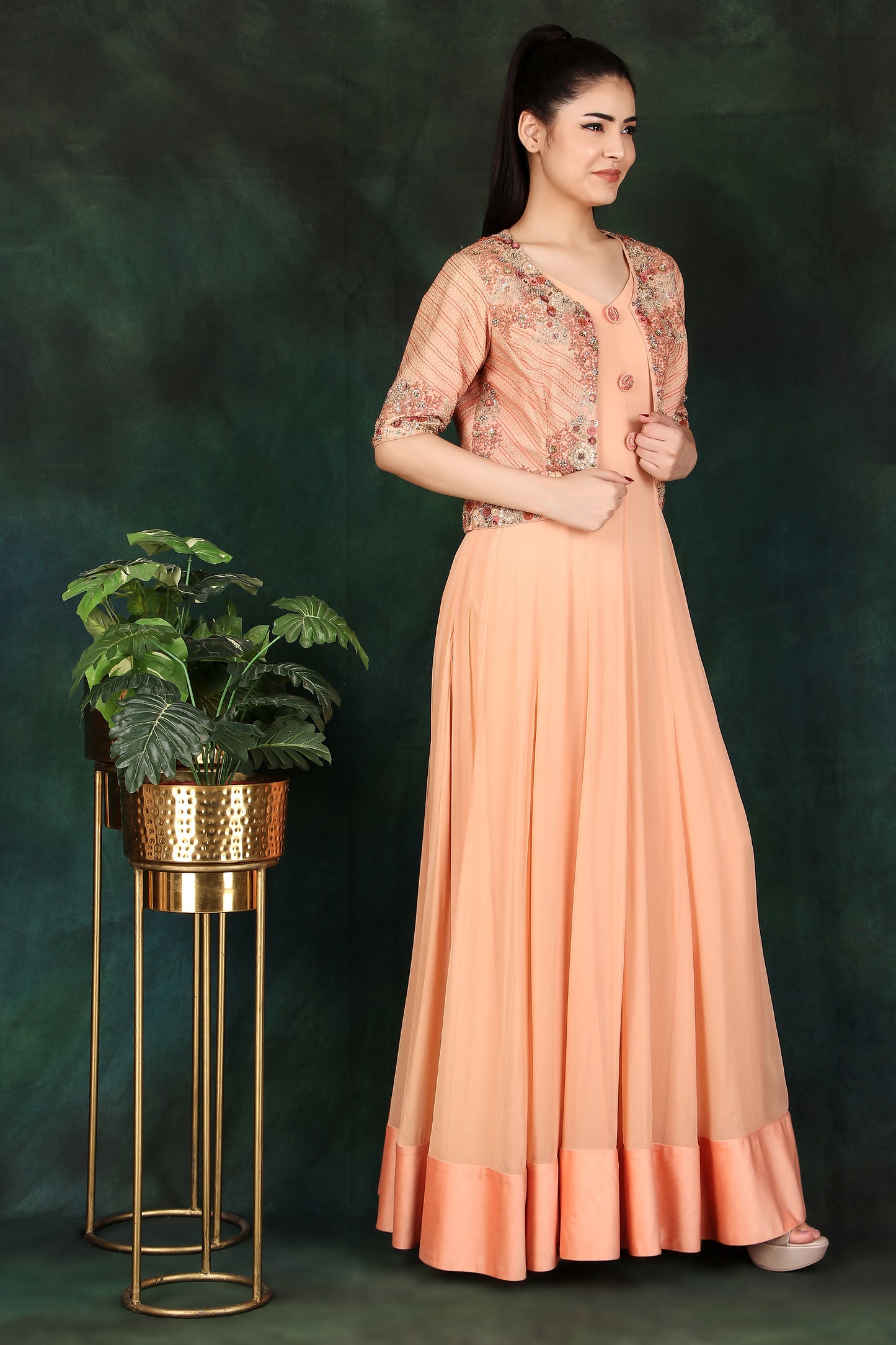 Peach Georgette Anarkali Suit with Thread, Dori & Sequin Work Jacket