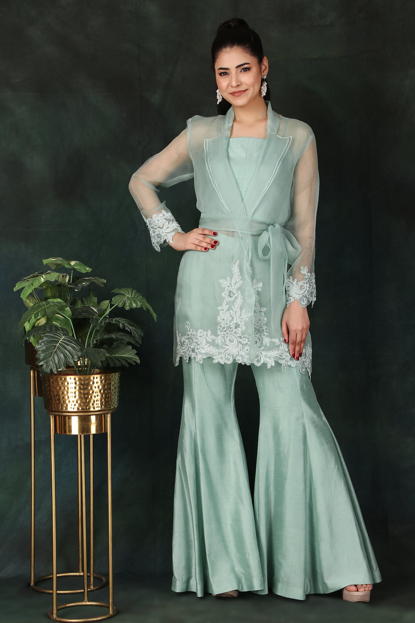 Aqua Party Wear 3 Piece Set with Pearl-Embellished Coat Bustier Top And Dori Palazzo