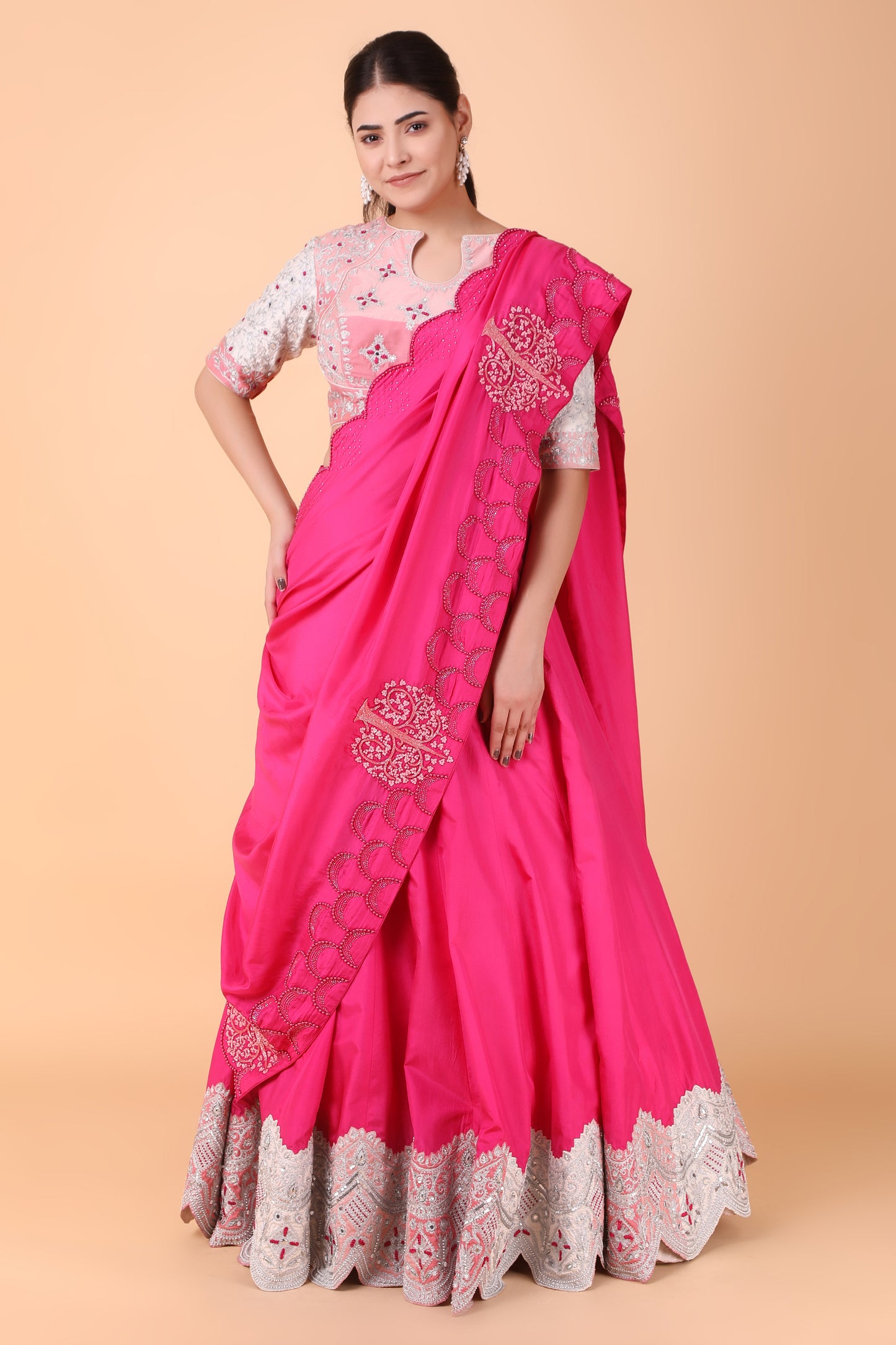Magenta Silk Lehenga Saree With Mirror And Pearl Work Blouse And Pure Silk Pallu