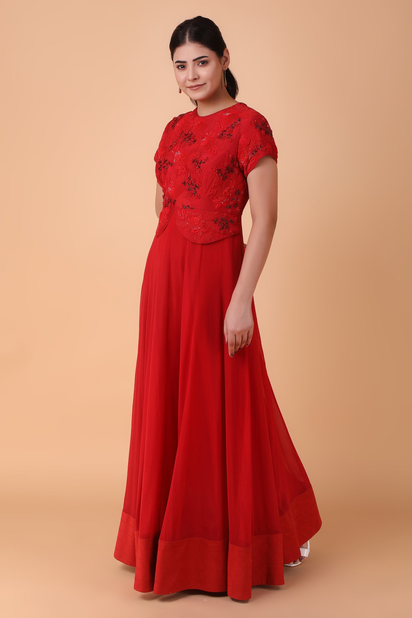 Red Dupion Silk Anarkali With Georgette Base And Pearl Dori And Sequin Embellishments