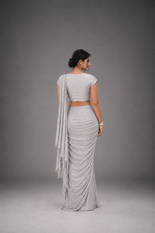 Silver Crushed satin saree with heavy work on blouse