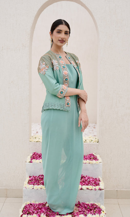 Sea Green heavy cutwork jacket indowestern
