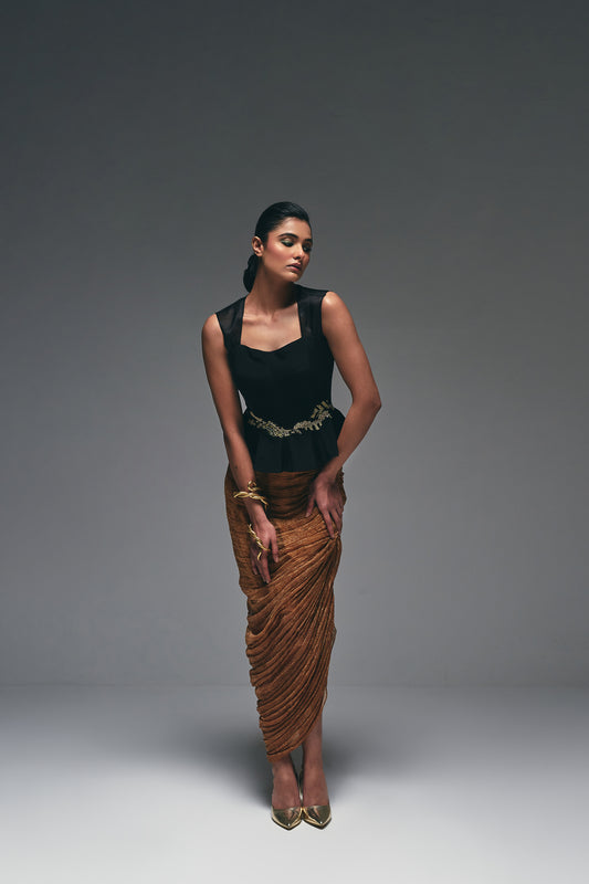 Elegant black crepe peplum top wit gathering skirt