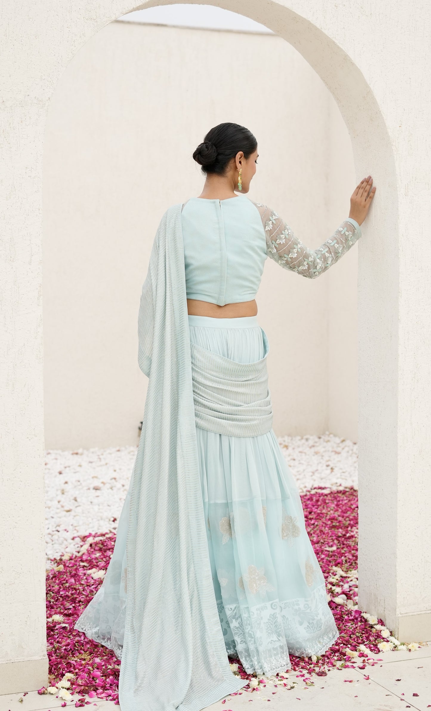 Ice Blue Lehenga Saree With Sequence Pallu