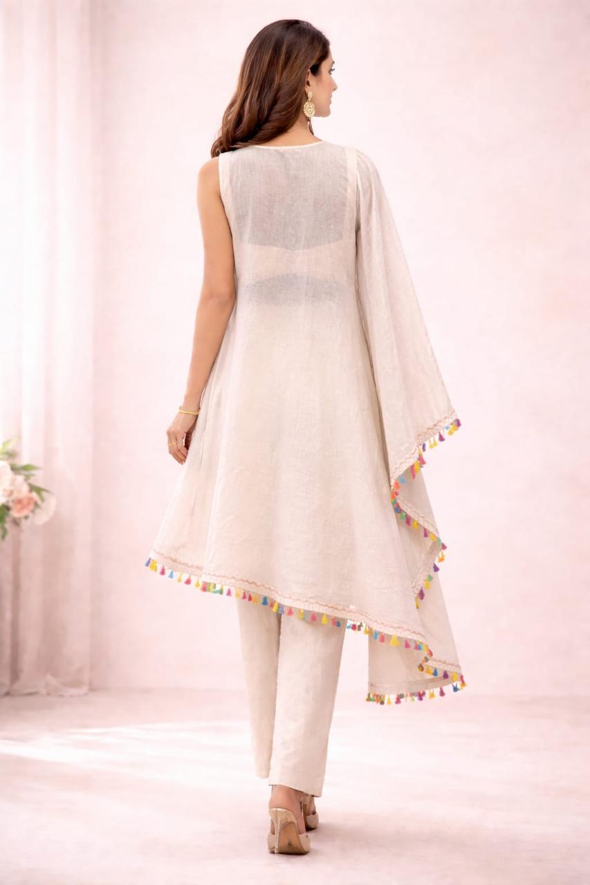 Beige kaftaan with pastel embroidery, flowy fit, and tassel detailing for a subtle festive look.