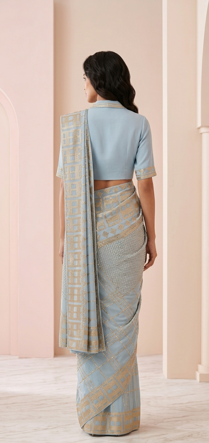 Powder Blue Saree with Geometric Gold Embellishments and Blazer-Collar Blouse