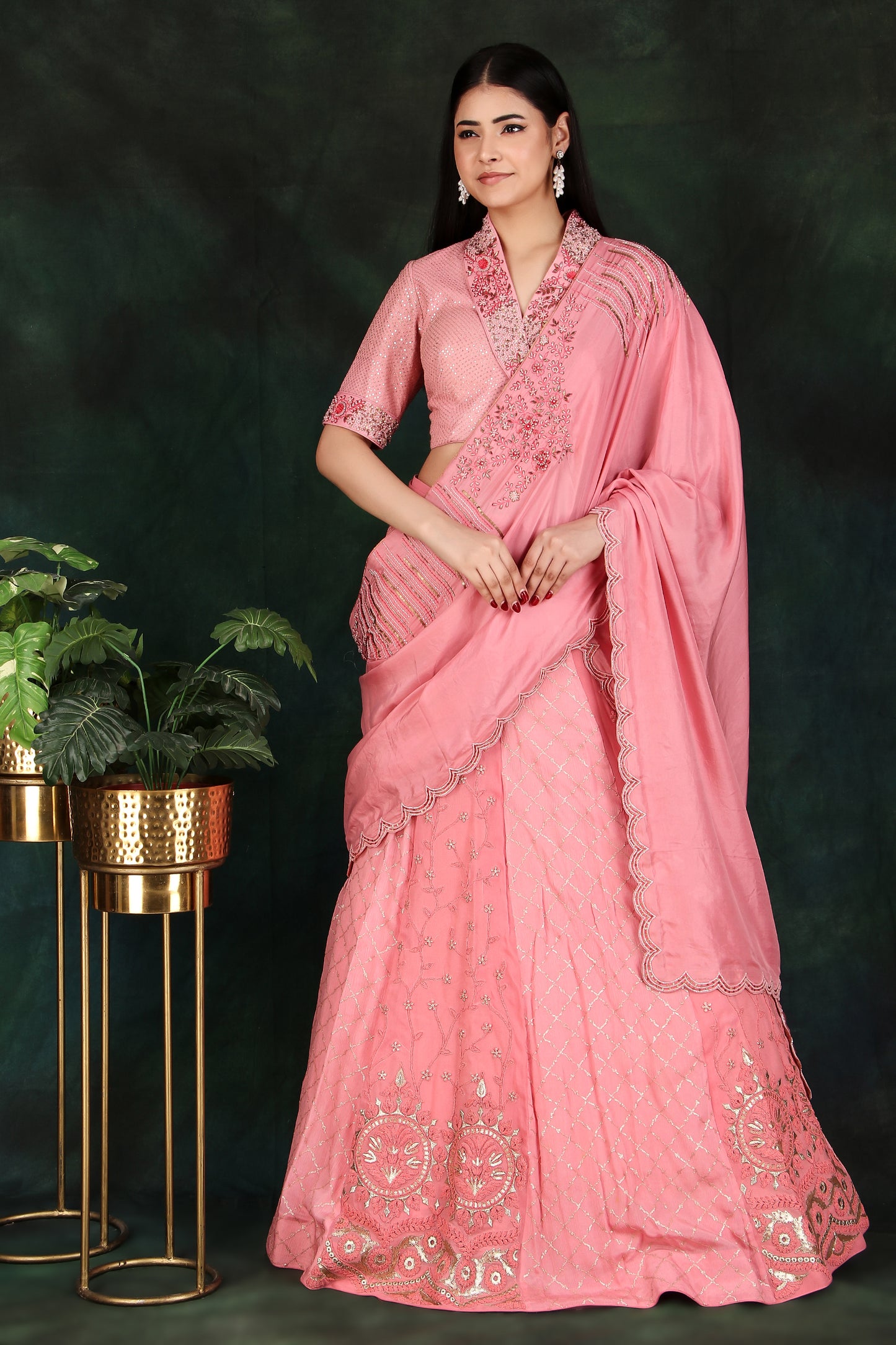 Peach Lehenga Saree with Embroidered Collar Blouse and Handwork Silk Pallu
