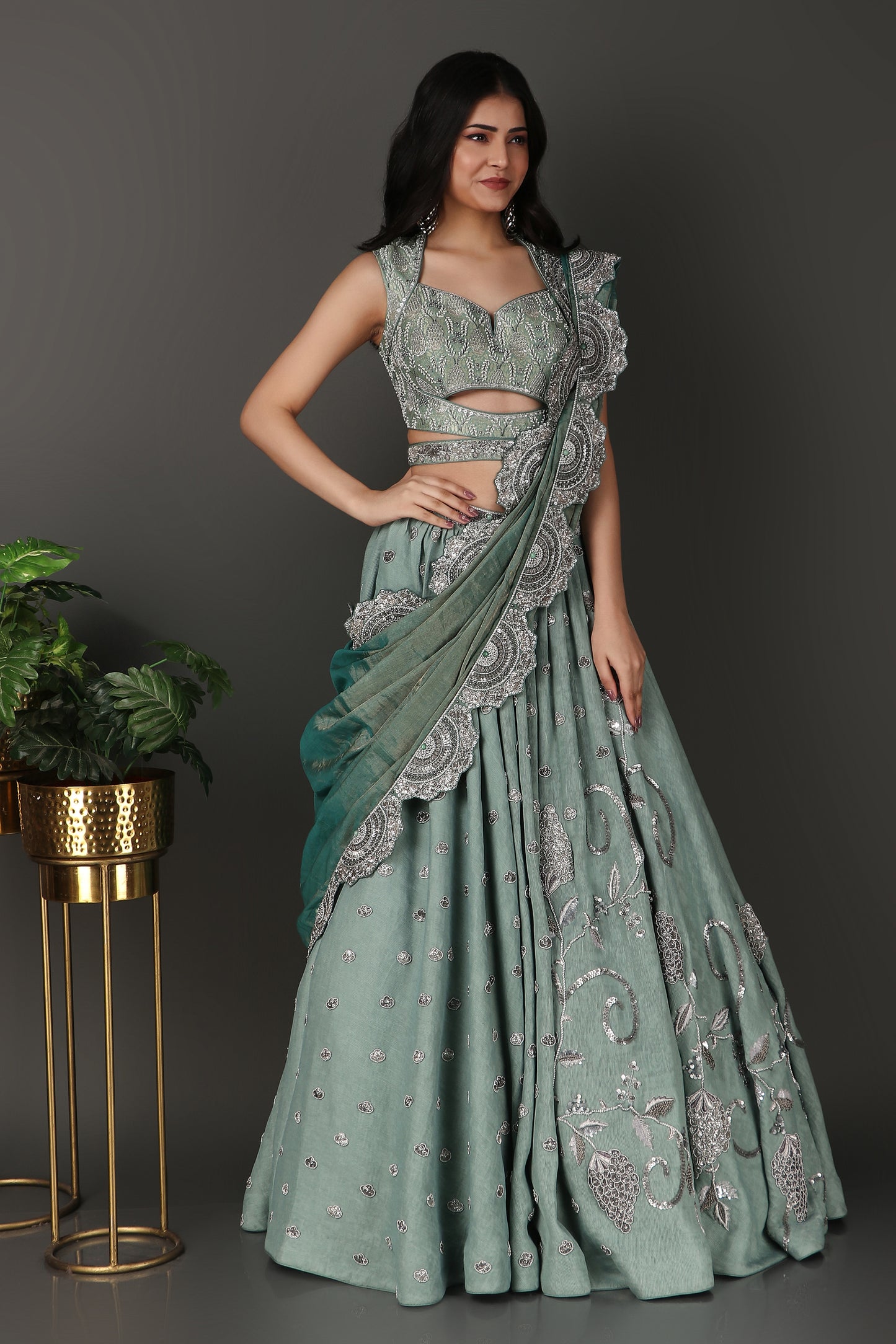 Sea Green Luxury Wrinkle Lehenga Set Featuring Heavy Hand Embroidery