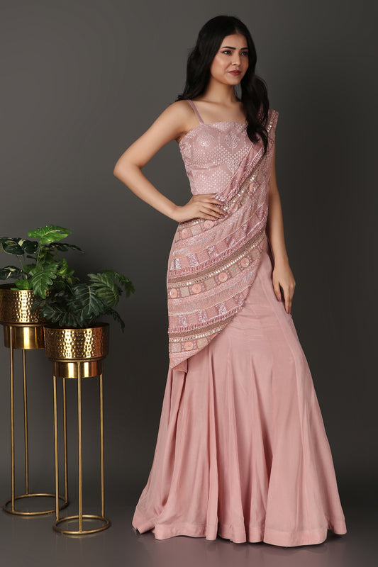 Pink Festive Wear Draped Saree with Heavy Pallu Detailing and Organza Blouse