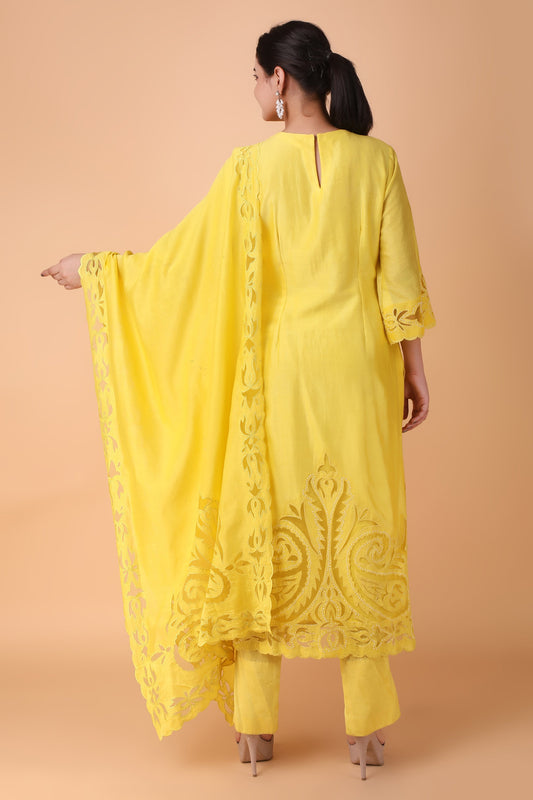 Yellow Cutwork Straight Suit Set With Embroidered Dupatta And High Low Pants
