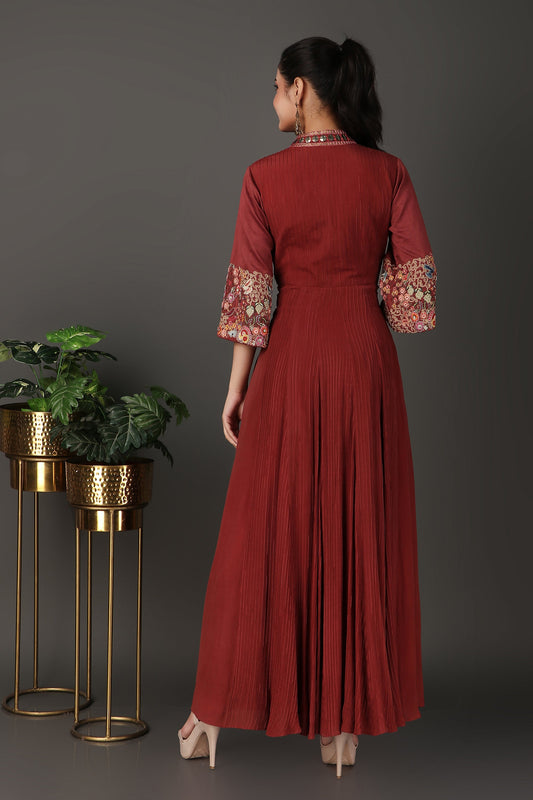 Rust Embroidered A Line Kurta Featuring Pintucks And Richly Decorated 3/4 Sleeves