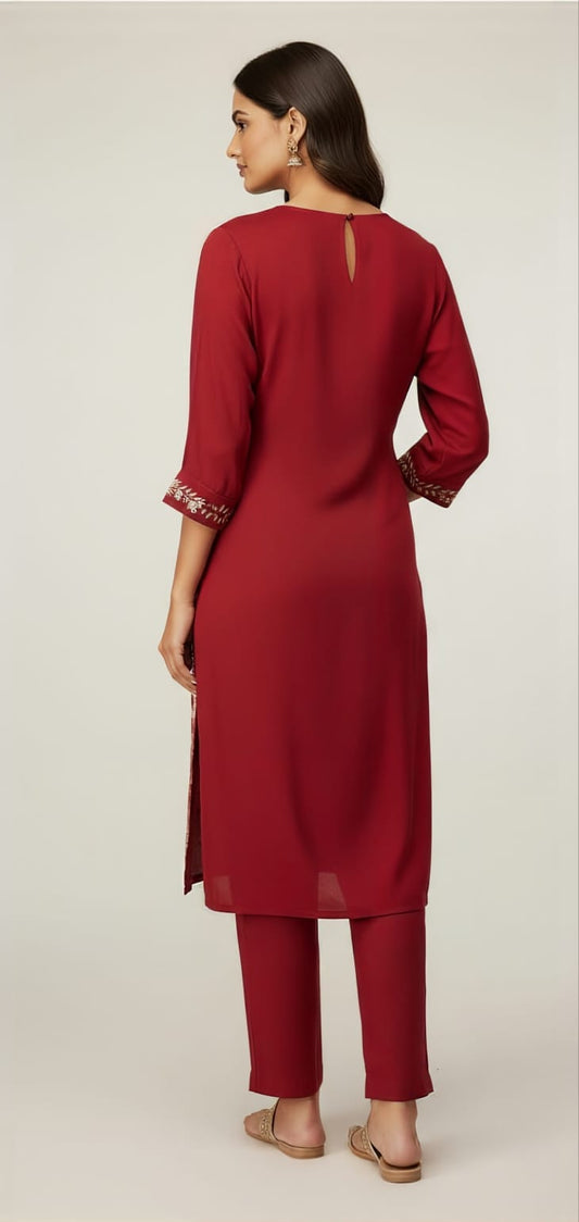 Red Satin Georgette Suit with Thread Pearl Mirror And Dabka Embellishment