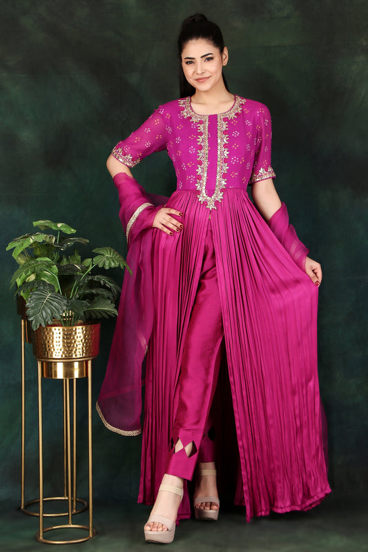 Magenta Flared Anarkali Set Featuring Gota Patti Detailing and Organza Dupatta