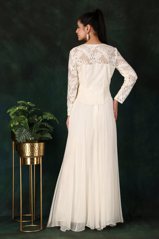 Cream Indo-Western Set with Kali Chiffon Palazzo Zardozi Corset Top And Chandelier Sleeves